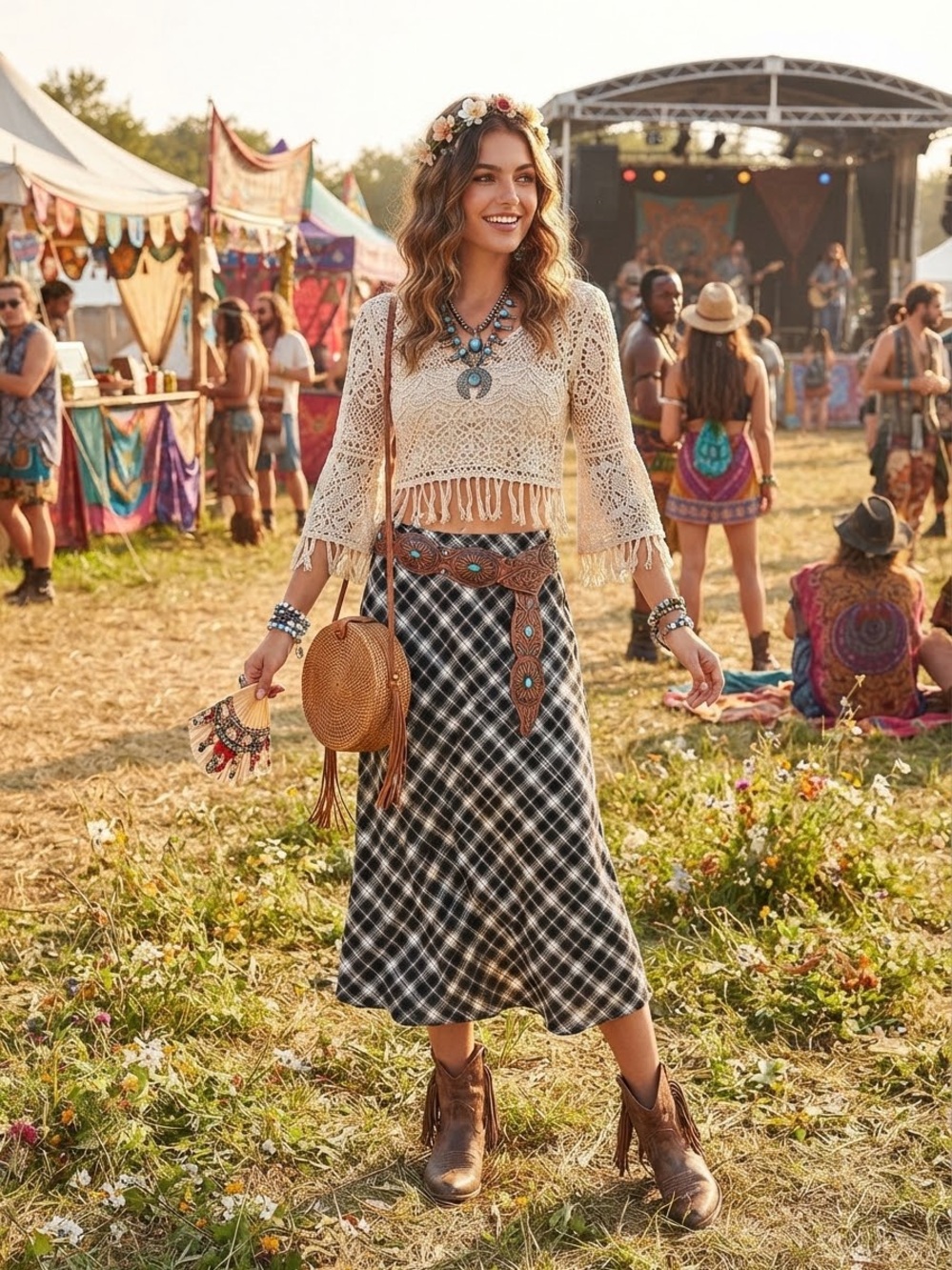 wild fable Black and White Plaid Midi Skirt